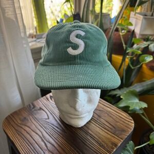 Supreme S Logo Corduroy 6-Panel Hat Green Leather Strapback Cap Made in USA